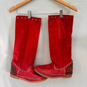 Ibiza 1975 Red Leather Indianini Boots Handmade in Italy Studded Boho Vintage